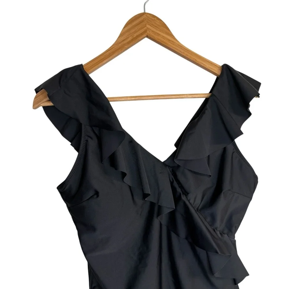 Blooming Jelly Womens Swimsuit XL Black Ruffle Vneck Cinching Slimming One Piece